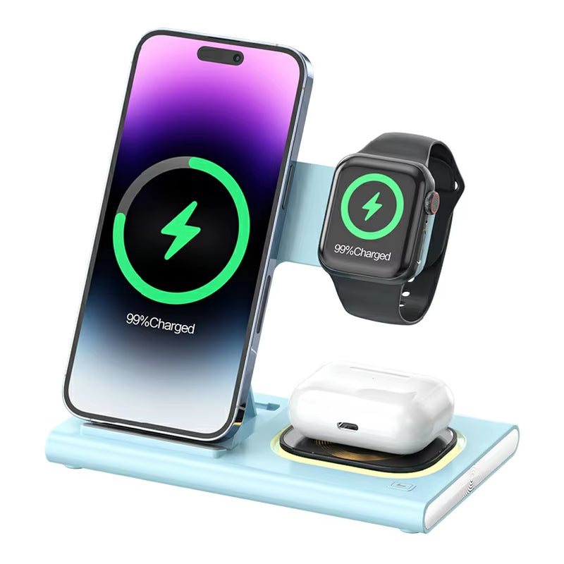 4-In-1 Foldable Wireless Charging Station with Magnetic & Night Light Premium Adapters for Convenient & Stylish Phone Charging