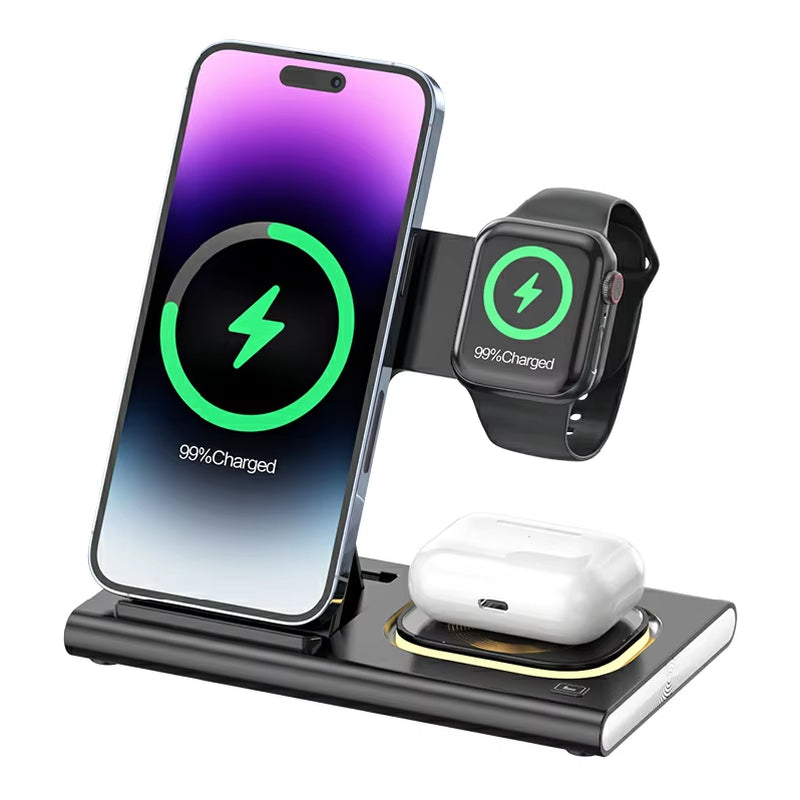 4-In-1 Foldable Wireless Charging Station with Magnetic & Night Light Premium Adapters for Convenient & Stylish Phone Charging